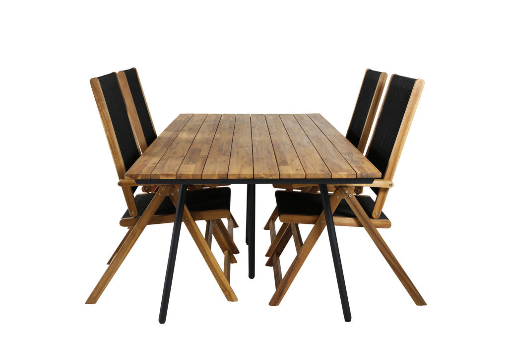 Chan matbord svart stål/akacia (teaklook) 200cm med 4 Little John hopfällbara stolar rep/akacia