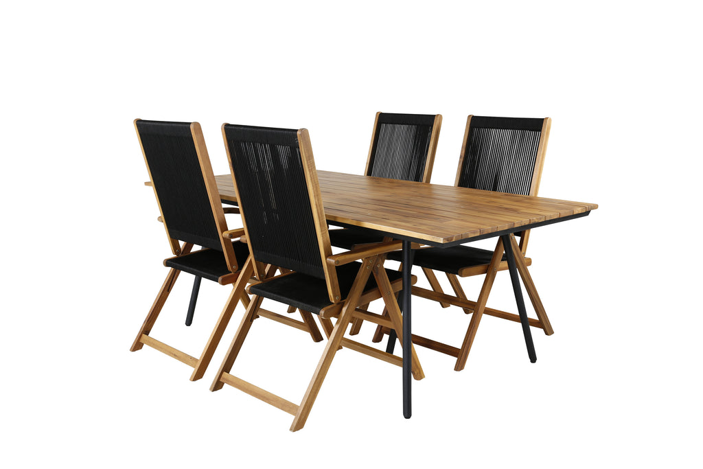 Chan matbord svart stål/akacia (teaklook) 200cm med 4 Little John hopfällbara stolar rep/akacia