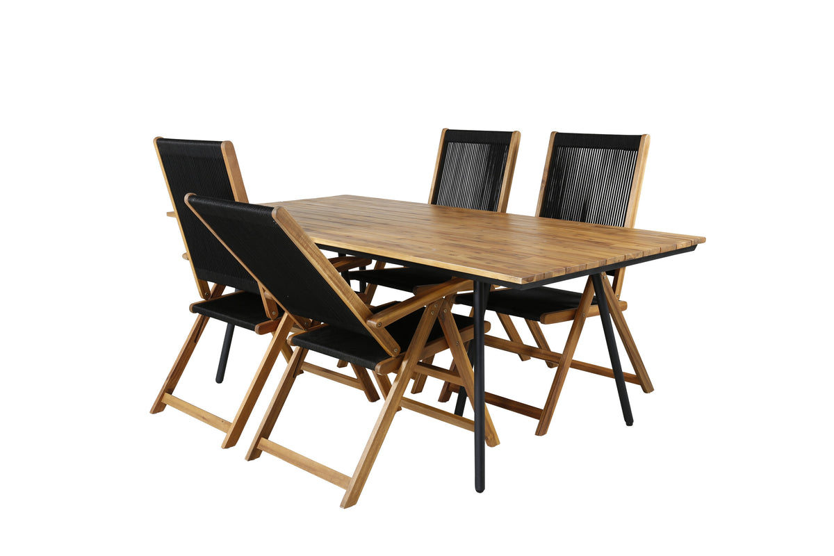 Chan matbord svart stål/akacia (teaklook) 200cm med 4 Little John hopfällbara stolar rep/akacia