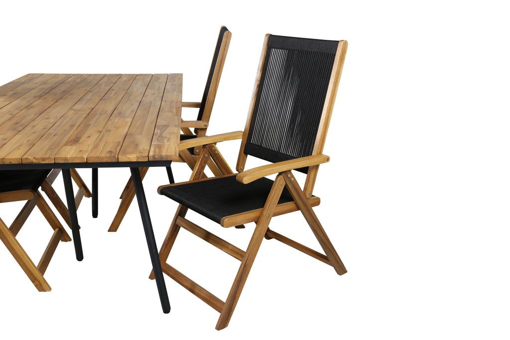 Chan matbord svart stål/akacia (teaklook) 200cm med 4 Little John hopfällbara stolar rep/akacia