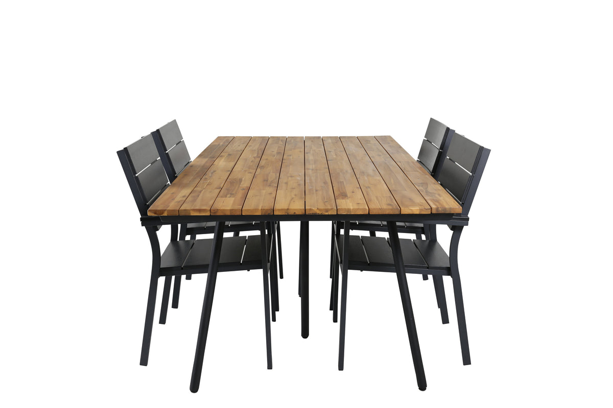 Chan matbord svart stål/akacia (teaklook) 200cm med 4 Levels stolar (stapelbar) svart aluminium/svart Aintwood