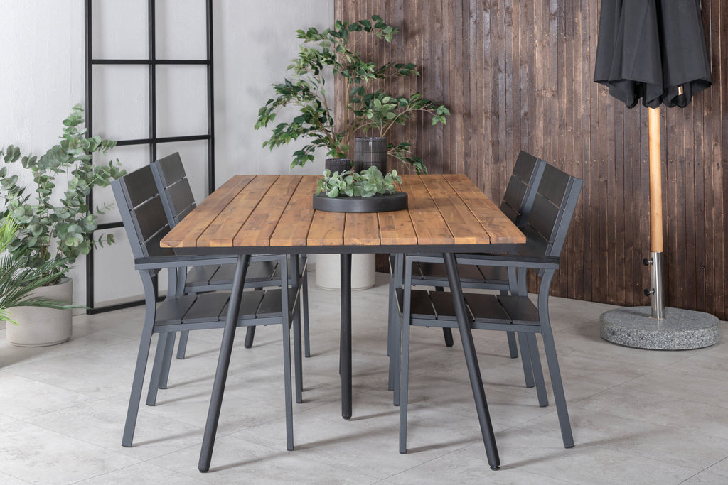 Chan matbord svart stål/akacia (teaklook) 200cm med 4 Levels stolar (stapelbar) svart aluminium/svart Aintwood