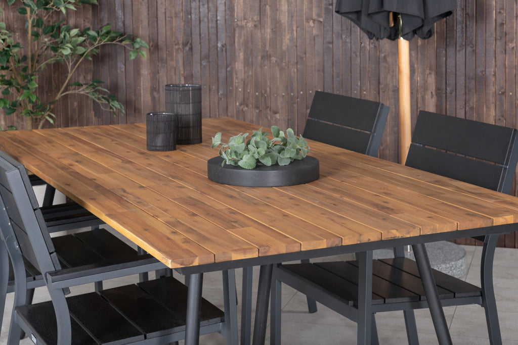 Chan matbord svart stål/akacia (teaklook) 200cm med 4 Levels stolar (stapelbar) svart aluminium/svart Aintwood
