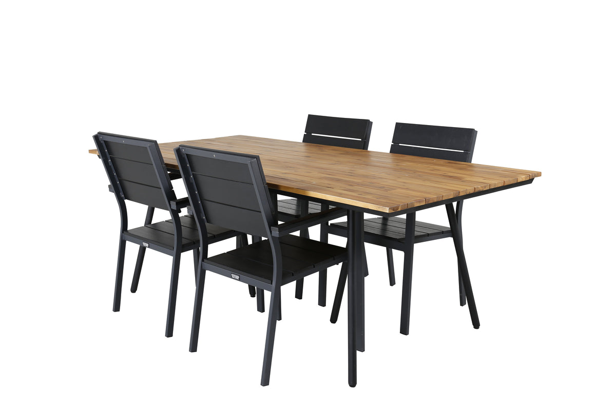 Chan matbord svart stål/akacia (teaklook) 200cm med 4 Levels stolar (stapelbar) svart aluminium/svart Aintwood