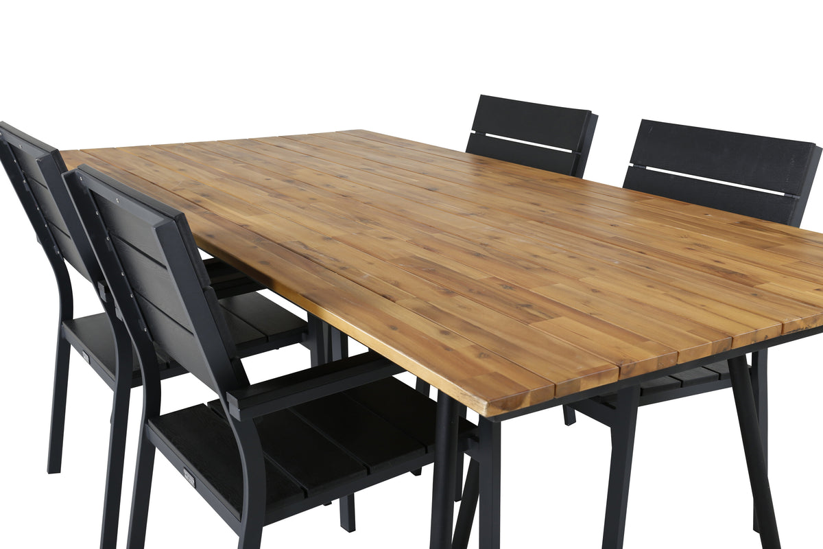 Chan matbord svart stål/akacia (teaklook) 200cm med 4 Levels stolar (stapelbar) svart aluminium/svart Aintwood