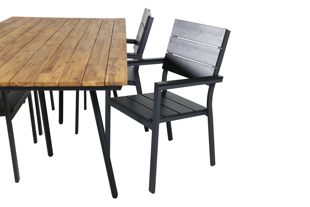 Chan matbord svart stål/akacia (teaklook) 200cm med 4 Levels stolar (stapelbar) svart aluminium/svart Aintwood