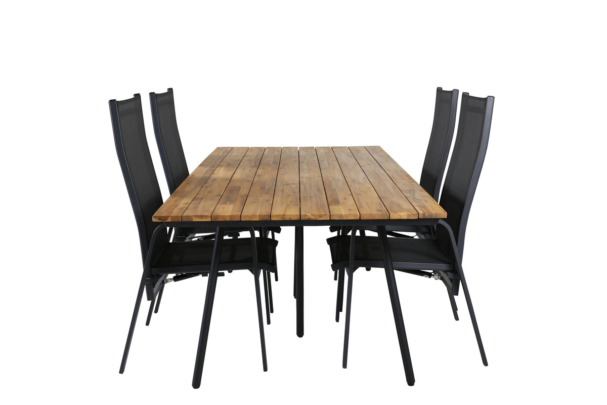 Chan matbord svart stål/akacia (teaklook) 200cm med 4 Copacabana vilstolar svart/svart