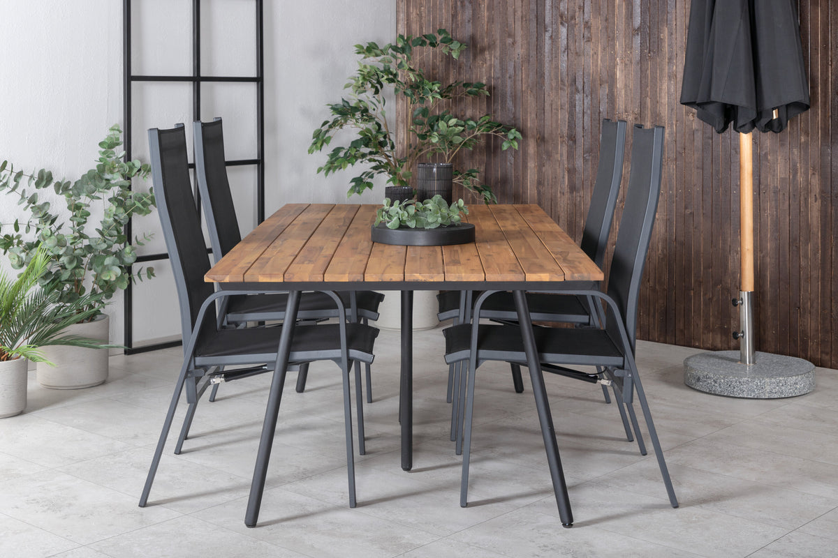 Chan matbord svart stål/akacia (teaklook) 200cm med 4 Copacabana vilstolar svart/svart