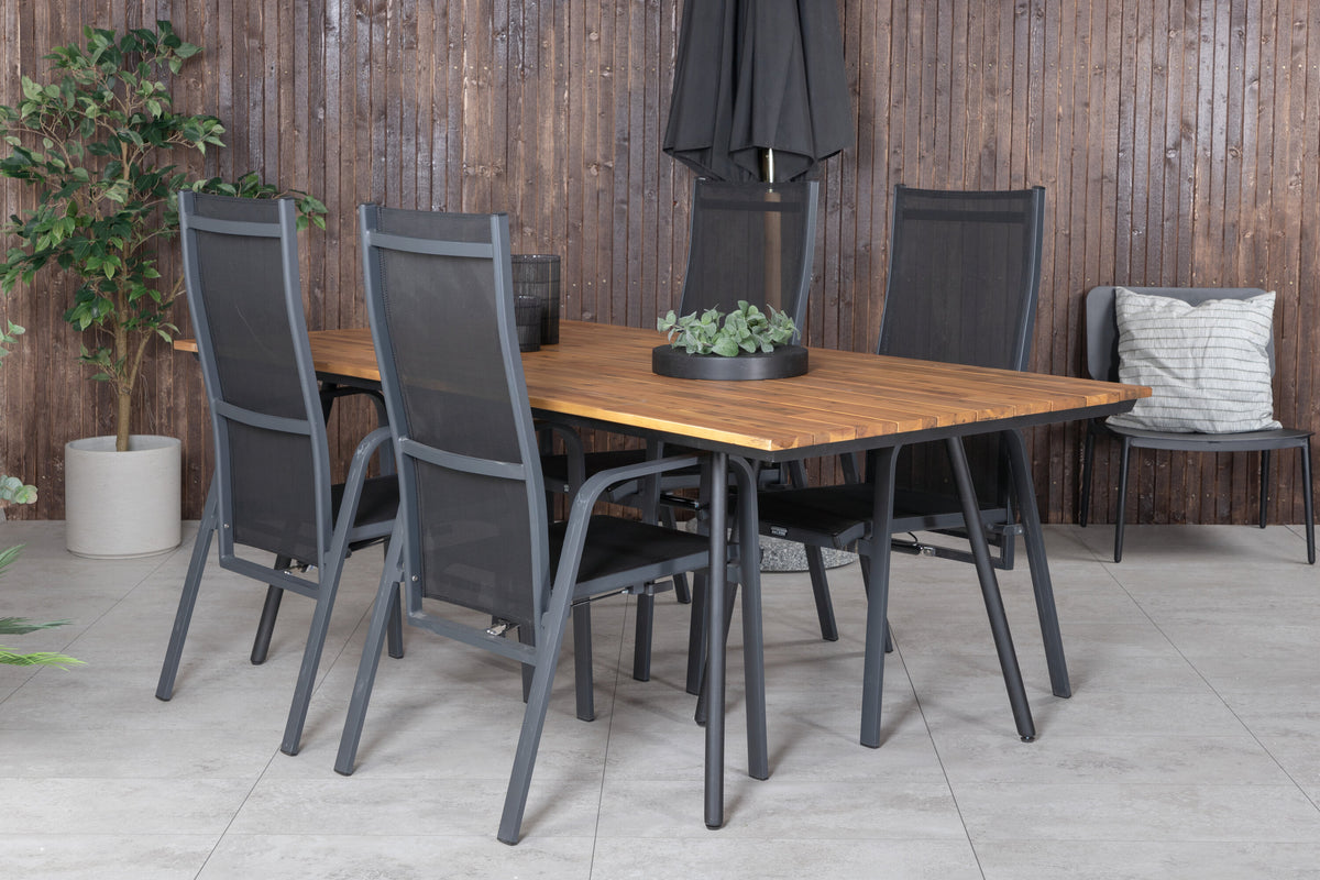 Chan matbord svart stål/akacia (teaklook) 200cm med 4 Copacabana vilstolar svart/svart