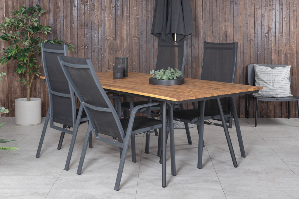 Chan matbord svart stål/akacia (teaklook) 200cm med 4 Copacabana vilstolar svart/svart