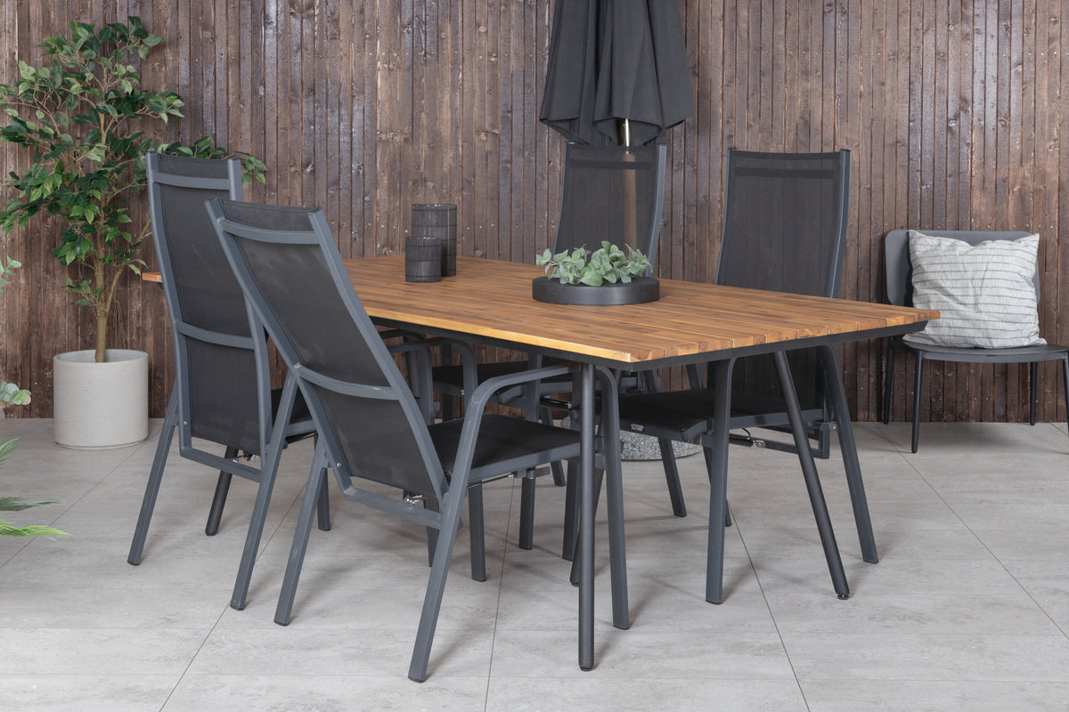 Chan matbord svart stål/akacia (teaklook) 200cm med 4 Copacabana vilstolar svart/svart