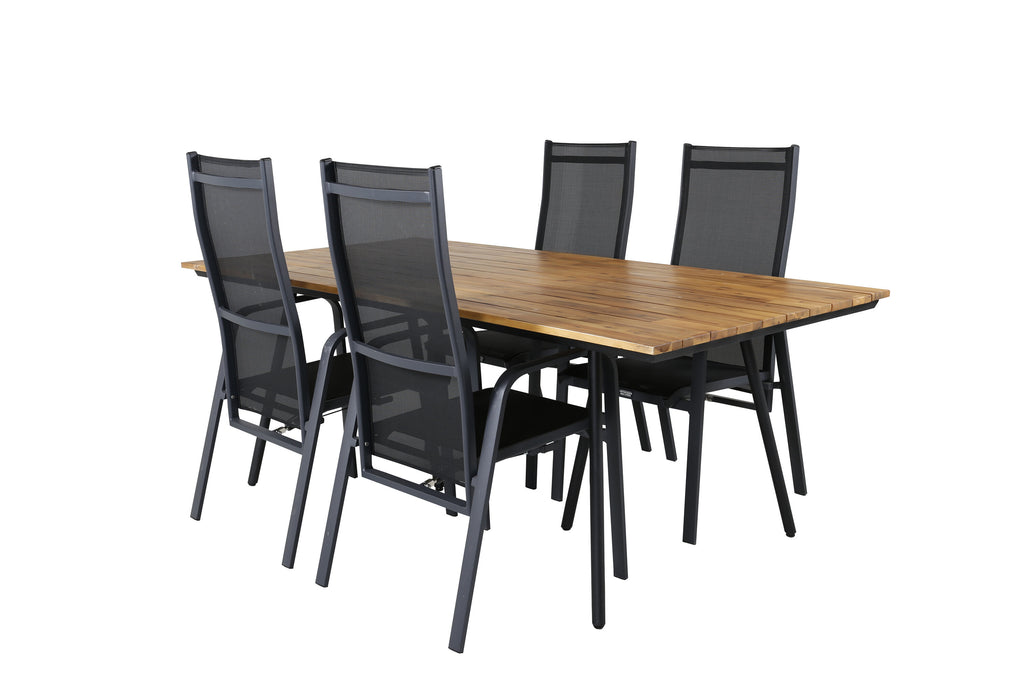 Chan matbord svart stål/akacia (teaklook) 200cm med 4 Copacabana vilstolar svart/svart