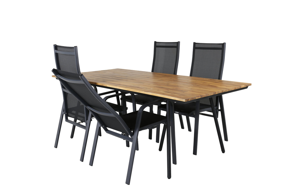 Chan matbord svart stål/akacia (teaklook) 200cm med 4 Copacabana vilstolar svart/svart