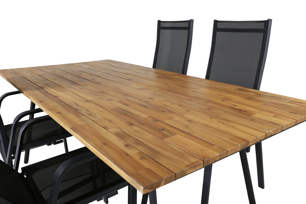 Chan matbord svart stål/akacia (teaklook) 200cm med 4 Copacabana vilstolar svart/svart