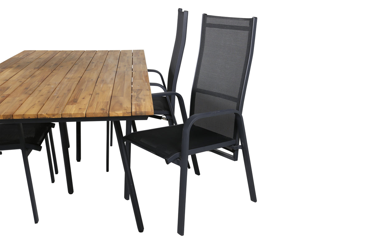 Chan matbord svart stål/akacia (teaklook) 200cm med 4 Copacabana vilstolar svart/svart