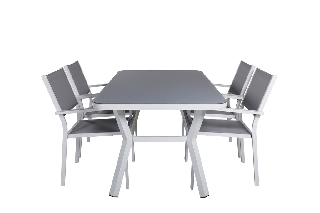 Virya matbord vit aluminium/grått glas med 4 Copacabana stapelbara stolar vit/grå