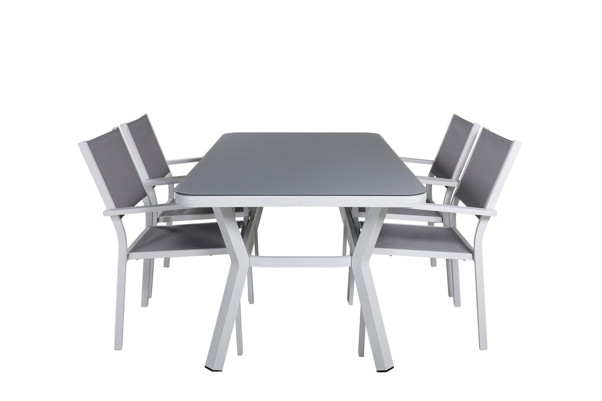 Virya matbord vit aluminium/grått glas med 4 Copacabana stapelbara stolar vit/grå