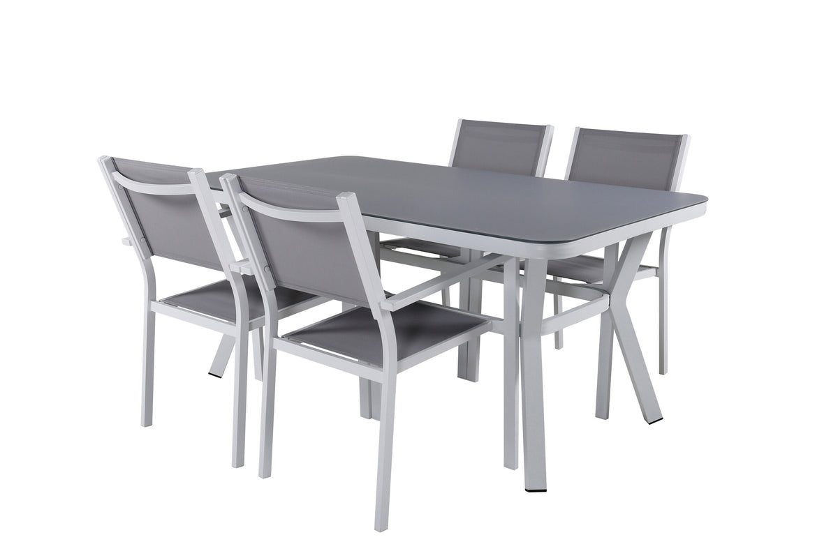 Virya matbord vit aluminium/grått glas med 4 Copacabana stapelbara stolar vit/grå