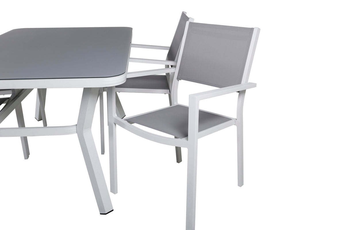 Virya matbord vit aluminium/grått glas med 4 Copacabana stapelbara stolar vit/grå