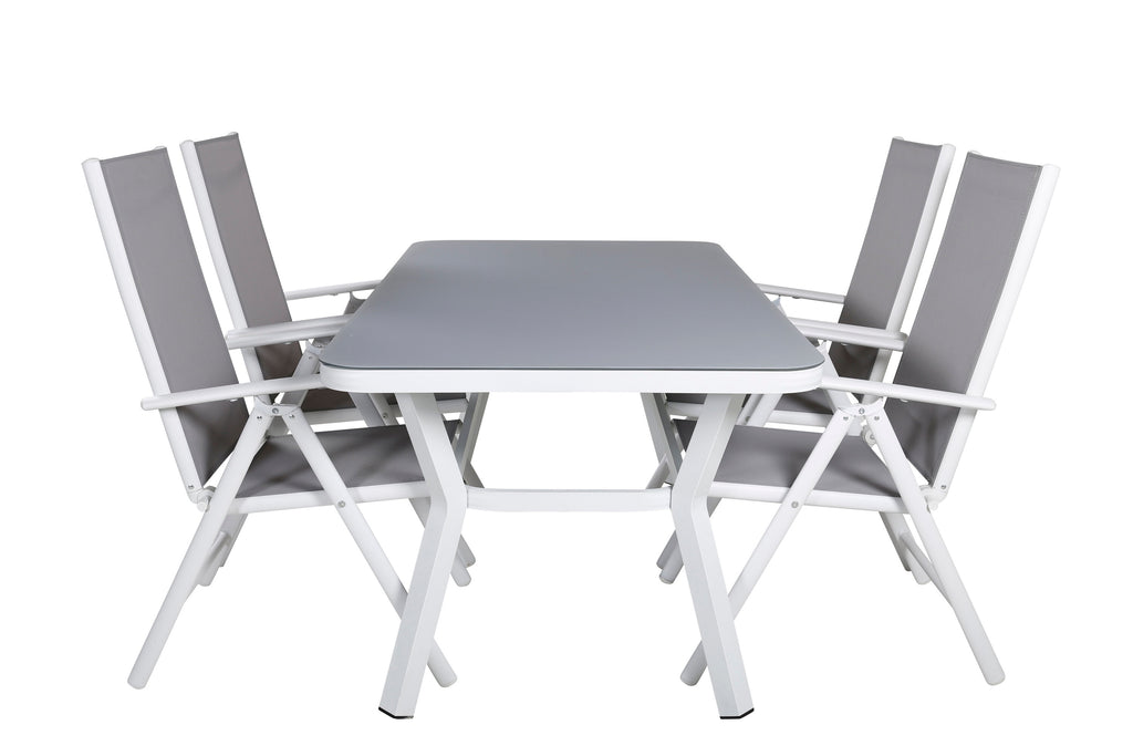 Virya matbord vit aluminium/grått glas litet bord med 4 Break 5-positionsstolar vit/grå