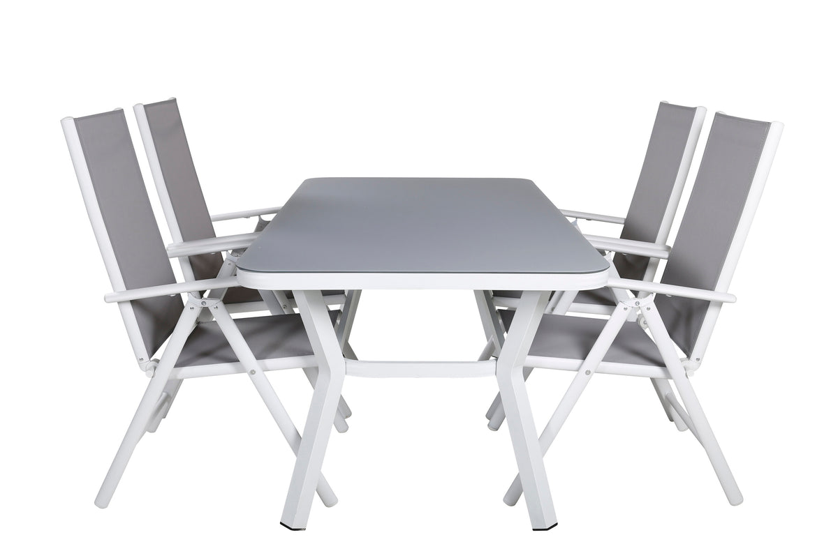 Virya matbord vit aluminium/grått glas litet bord med 4 Break 5-positionsstolar vit/grå