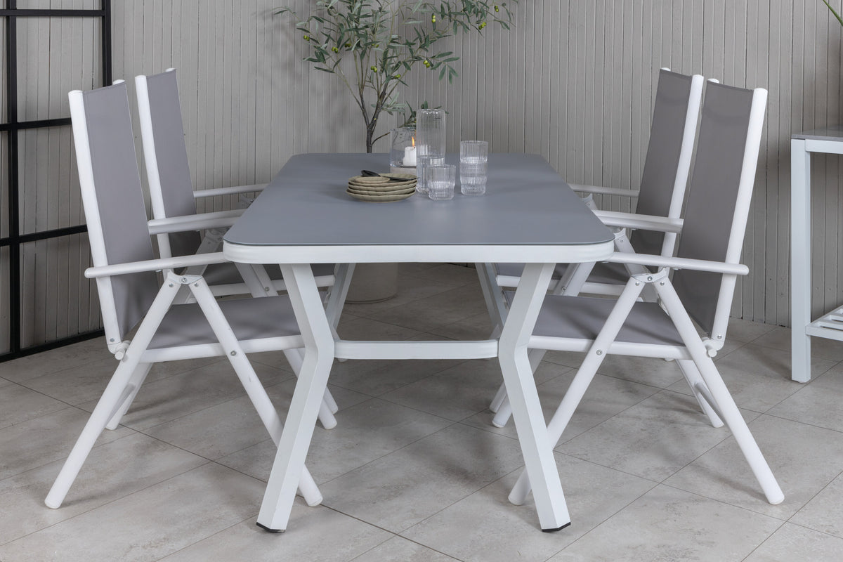 Virya matbord vit aluminium/grått glas litet bord med 4 Break 5-positionsstolar vit/grå