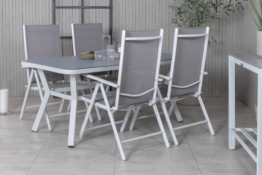 Virya matbord vit aluminium/grått glas litet bord med 4 Break 5-positionsstolar vit/grå