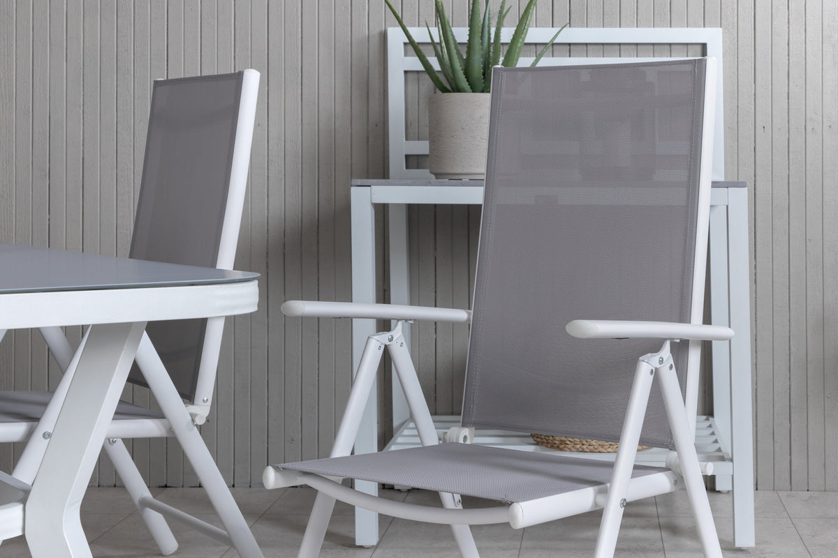 Virya matbord vit aluminium/grått glas litet bord med 4 Break 5-positionsstolar vit/grå