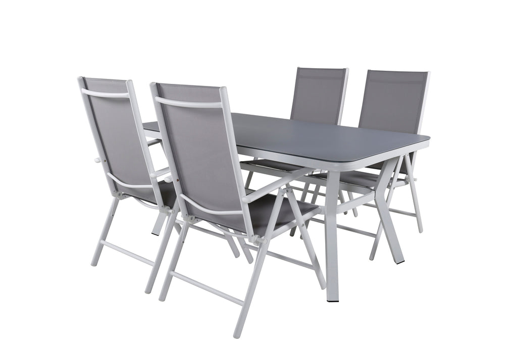 Virya matbord vit aluminium/grått glas litet bord med 4 Break 5-positionsstolar vit/grå