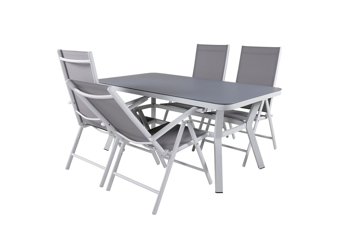 Virya matbord vit aluminium/grått glas litet bord med 4 Break 5-positionsstolar vit/grå