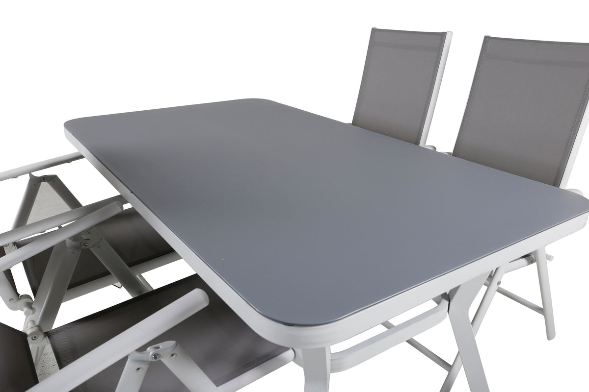 Virya matbord vit aluminium/grått glas litet bord med 4 Break 5-positionsstolar vit/grå
