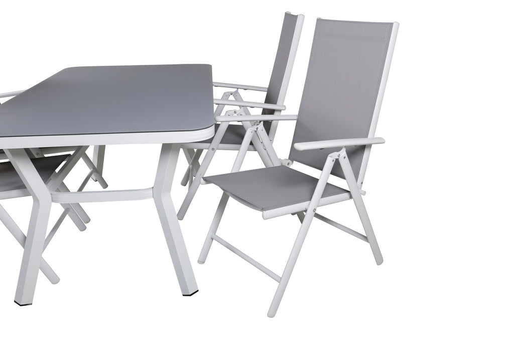 Virya matbord vit aluminium/grått glas litet bord med 4 Break 5-positionsstolar vit/grå