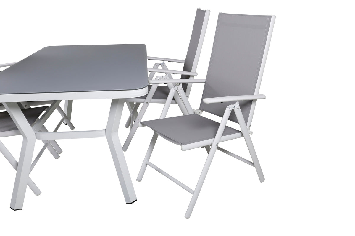 Virya matbord vit aluminium/grått glas litet bord med 4 Break 5-positionsstolar vit/grå