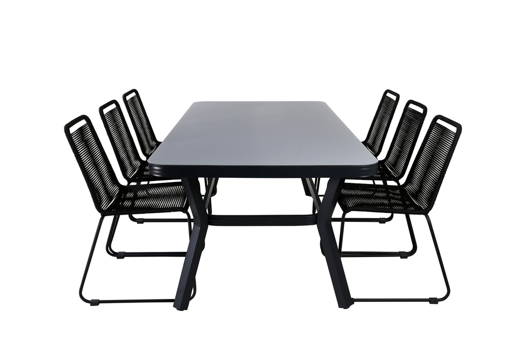 Virya matgrupp med 6 Lindos-stolar svart och grått glas