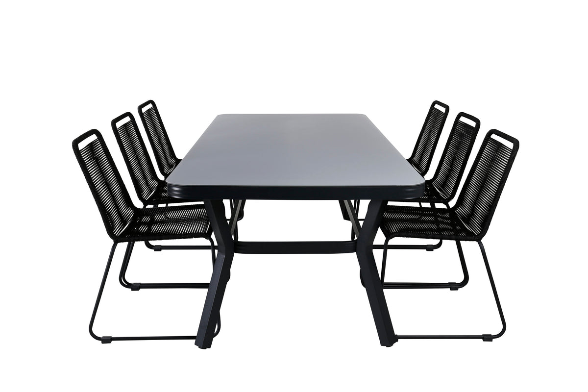 Virya matgrupp med 6 Lindos-stolar svart och grått glas