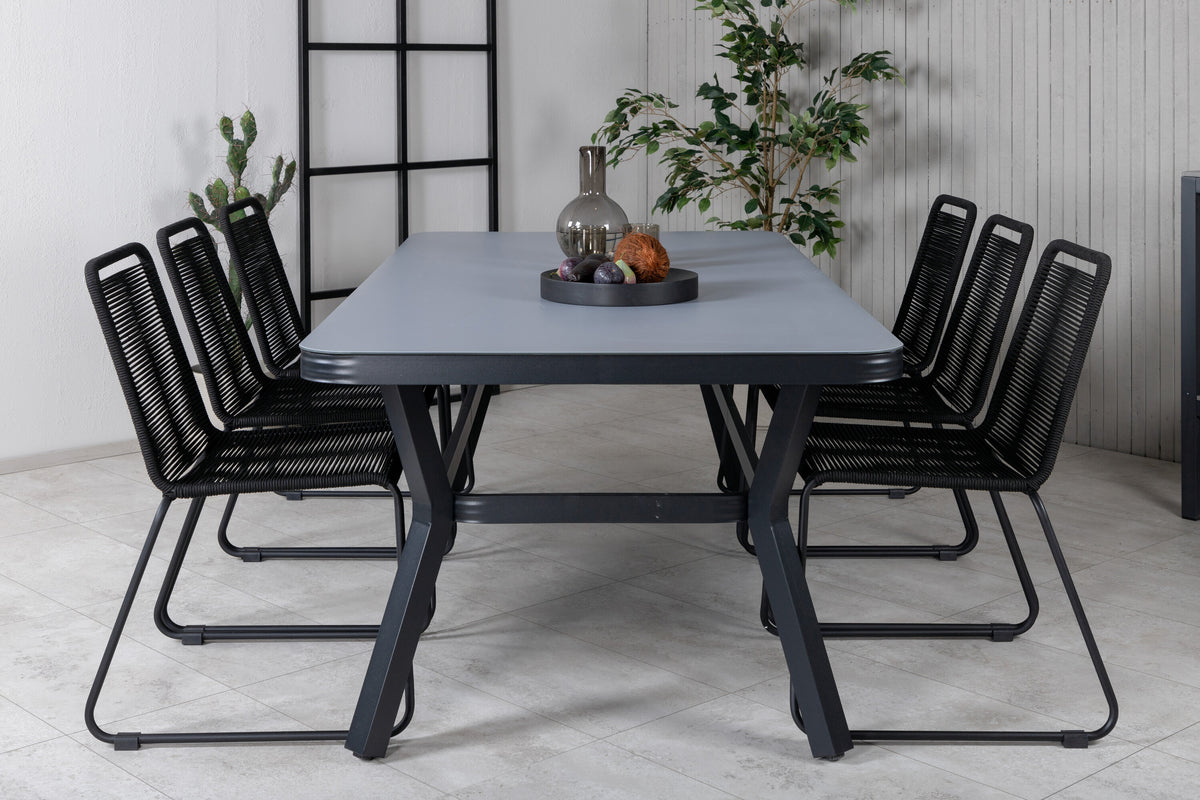 Virya matgrupp med 6 Lindos-stolar svart och grått glas