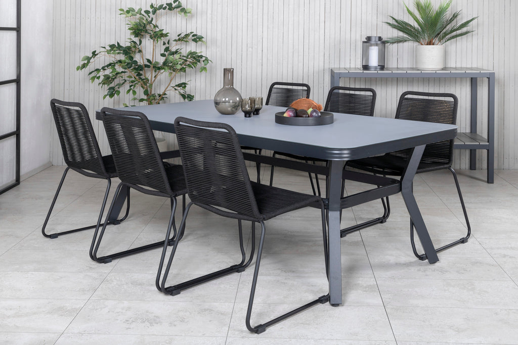 Virya matgrupp med 6 Lindos-stolar svart och grått glas