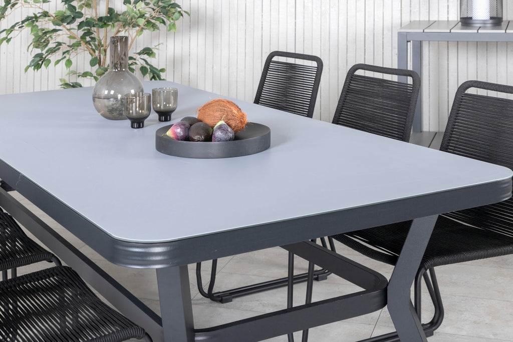 Virya matgrupp med 6 Lindos-stolar svart och grått glas