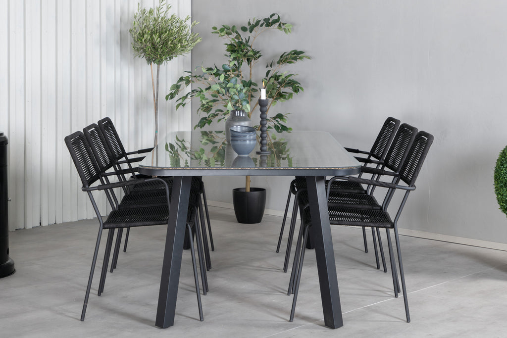 Paola matgrupp med 6 Lindos karmstolar 200x100 cm svart/natur