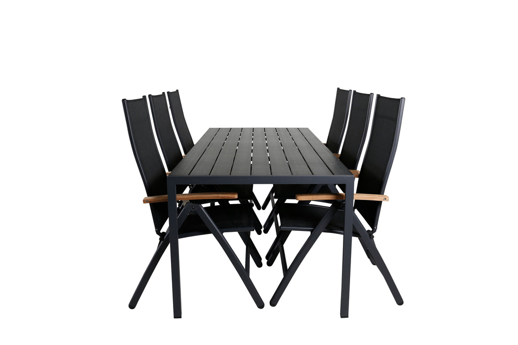 Break matgrupp med 6 Panama Light positionsstolar 205x90 cm svart/teak