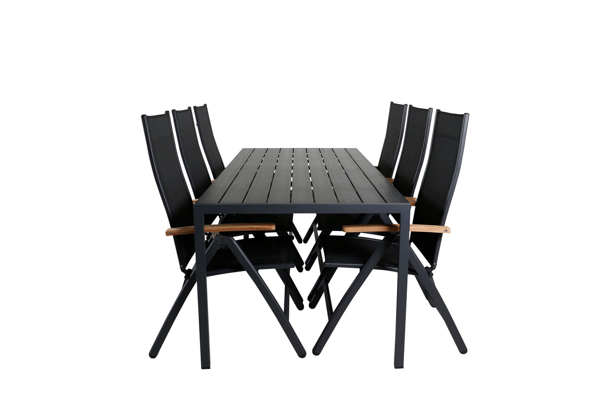 Break matgrupp med 6 Panama Light positionsstolar 205x90 cm svart/teak