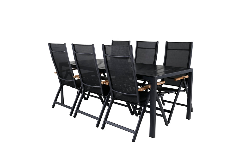 Break matgrupp med 6 Panama Light positionsstolar 205x90 cm svart/teak
