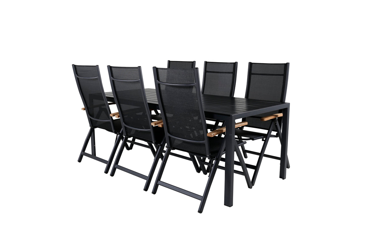 Break matgrupp med 6 Panama Light positionsstolar 205x90 cm svart/teak