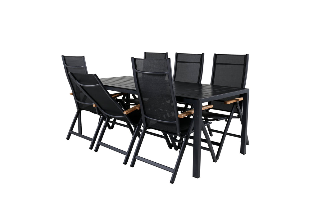 Break matgrupp med 6 Panama Light positionsstolar 205x90 cm svart/teak