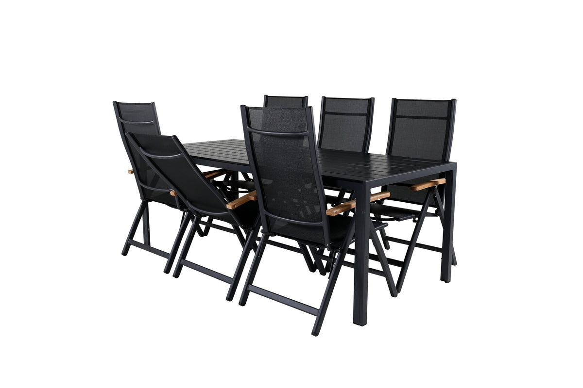 Break matgrupp med 6 Panama Light positionsstolar 205x90 cm svart/teak