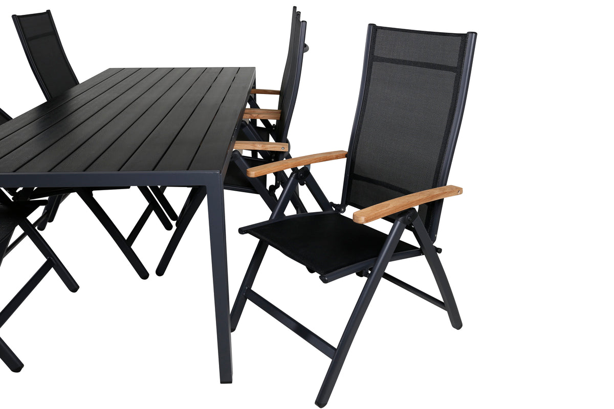 Break matgrupp med 6 Panama Light positionsstolar 205x90 cm svart/teak