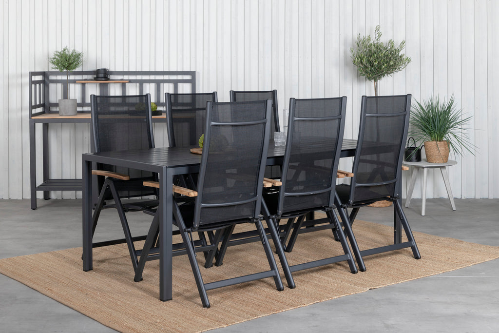 Break matgrupp med 6 Panama Light positionsstolar 205x90 cm svart/teak