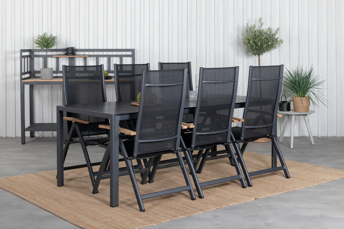Break matgrupp med 6 Panama Light positionsstolar 205x90 cm svart/teak