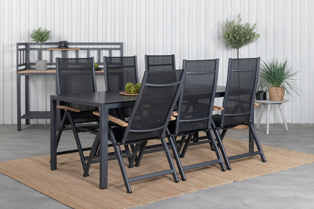 Break matgrupp med 6 Panama Light positionsstolar 205x90 cm svart/teak