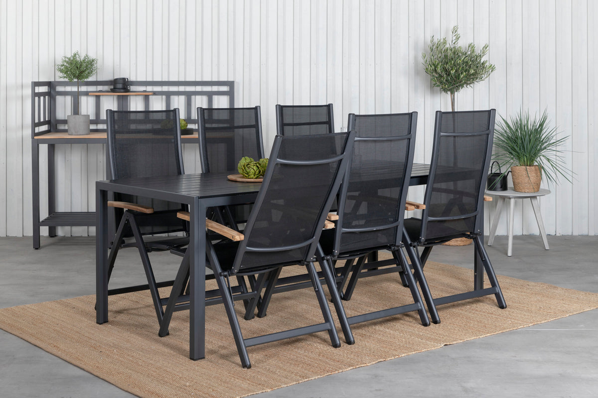 Break matgrupp med 6 Panama Light positionsstolar 205x90 cm svart/teak